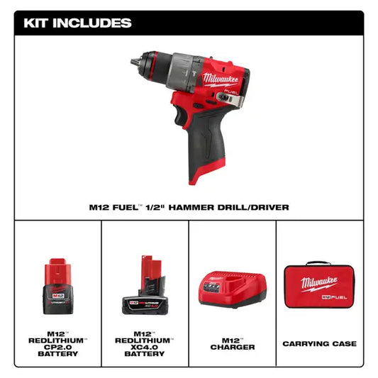 Milwaukee 3404-22 M12 FUEL™ 1/2" Hammer Drill/Driver Kit - McCally Tool and Supply | Industrial Distributor & Repair