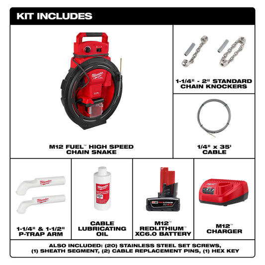 Milwaukee 2519-21 M12 FUEL™ High Speed Chain Snake for 1-1/4”-2” Pipes