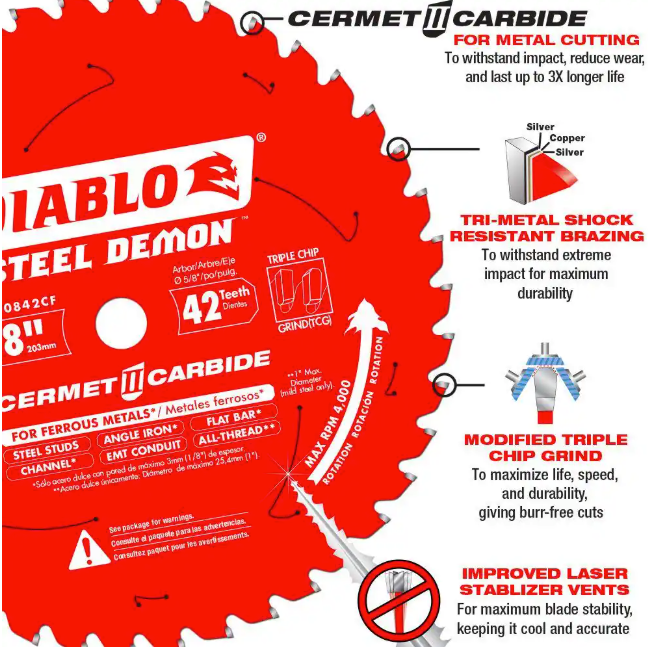 Diablo D0842CF 8" x 42-Teeth Steel Demon Cermet II Saw Blade for Thick Metal