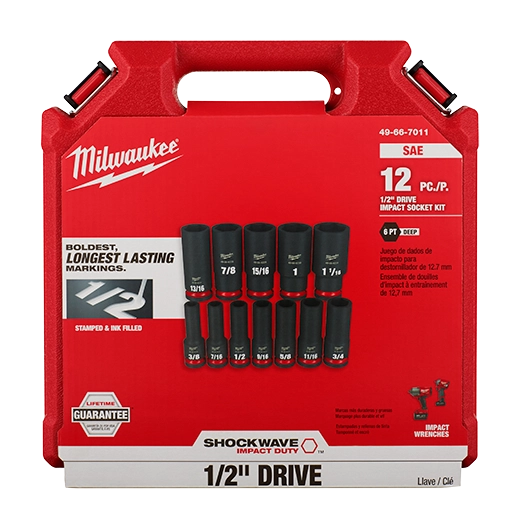 Milwaukee 49-66-7011 SHOCKWAVE Impact Duty™ 1/2" Drive SAE Deep 6 Point Socket Set (12 Pice)