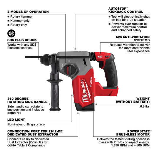 Milwaukee 2912-20 M18 FUEL™ 1" SDS Plus Rotary Hammer - McCally Tool and Supply | Industrial Distributor & Repair