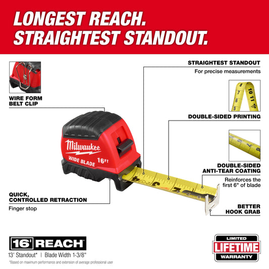 Milwaukee 48-22-1216 16ft Wide Blade Tape Measure - McCally Tool and Supply | Industrial Distributor & Repair