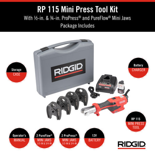 RIDGID 72558 RP 115 Combo Kit w/ ProPress & PureFlow Jaws (1/2" - 3/4") - McCally Tool and Supply | Industrial Distributor & Repair