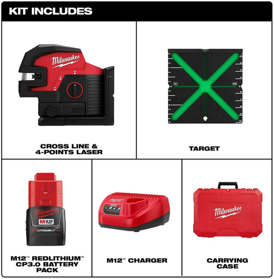 Milwaukee 3624-21 M12™ Green Cross Line & 4-Points Laser Kit - McCally Tool and Supply | Industrial Distributor & Repair