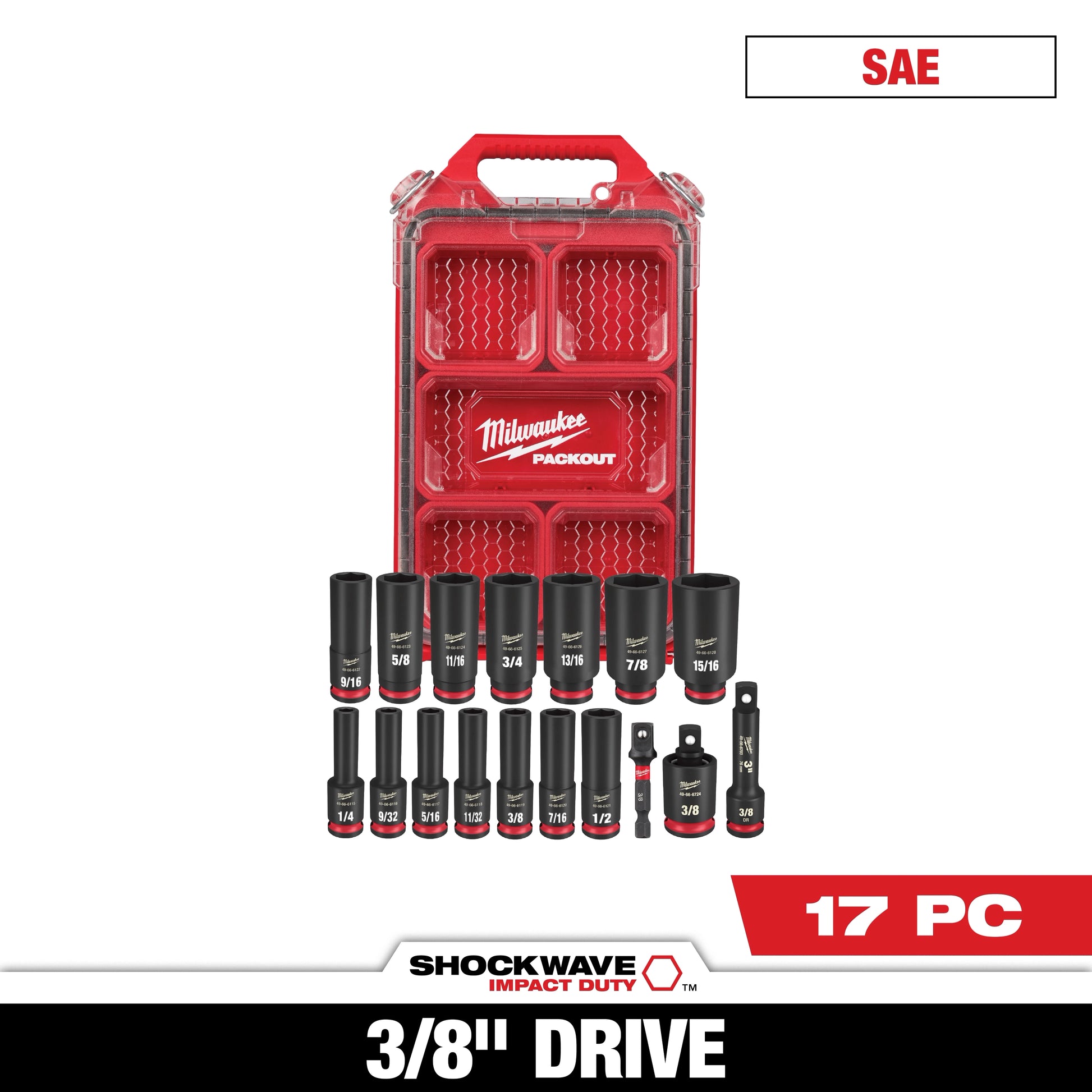 Milwaukee 49-66-6800 17PC SHOCKWAVE™ Impact Duty Socket 3/8” Drive SAE Set with PACKOUT