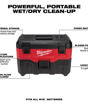Milwaukee 0880-20 M18™ 2-Gallon Wet/Dry Vacuum - McCally Tool and Supply | Industrial Distributor & Repair