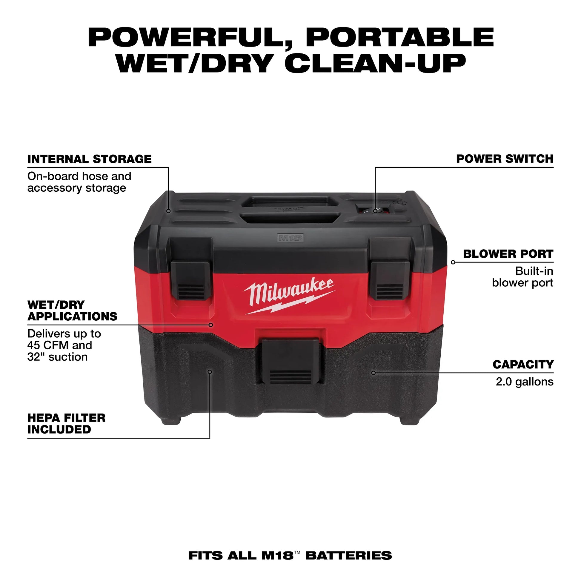 Milwaukee 0880-20 M18™ 2-Gallon Wet/Dry Vacuum - McCally Tool and Supply | Industrial Distributor & Repair