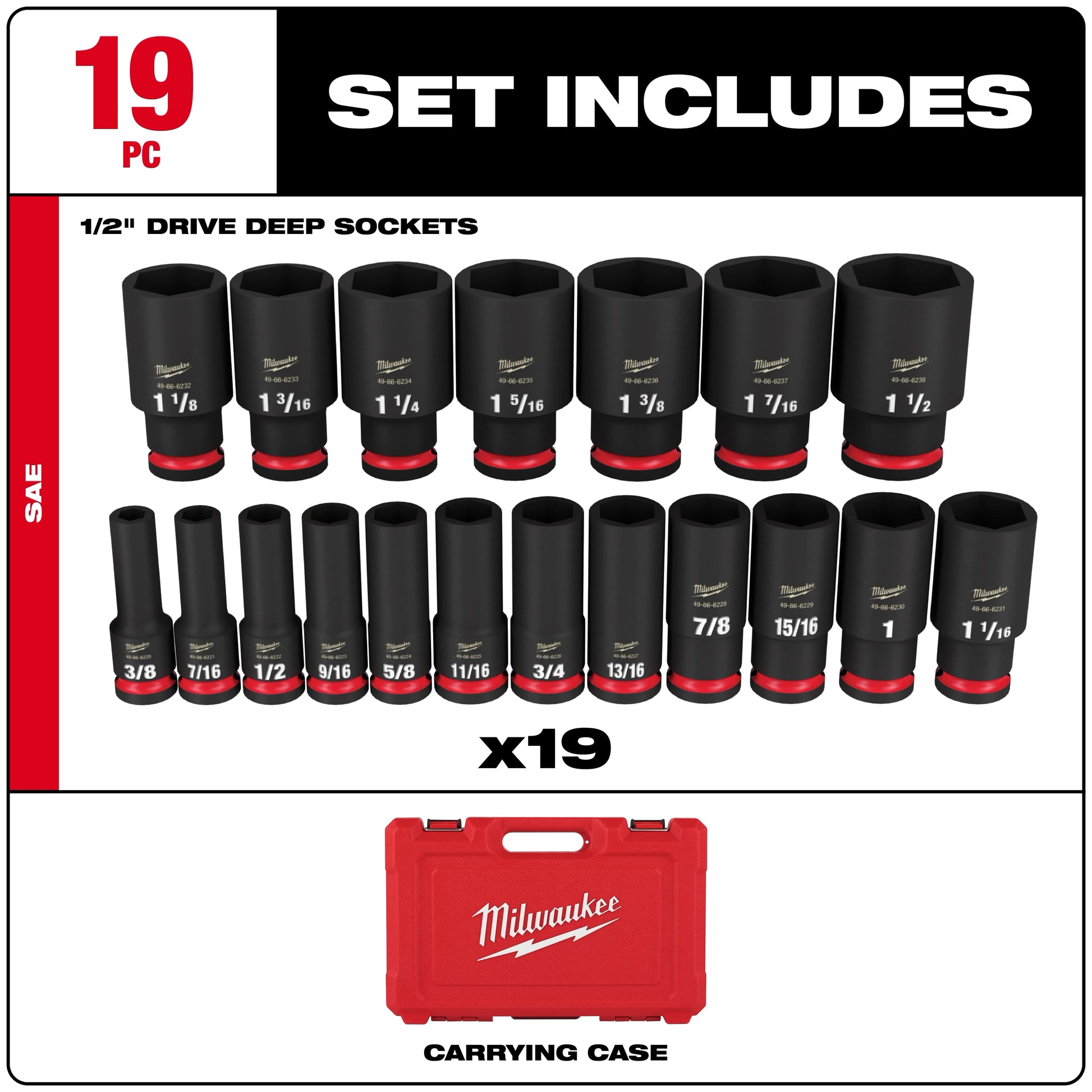 Milwaukee 49-66-7012 19PC SHOCKWAVE Impact Duty 1/2" Drive SAE Deep 6 Point Socket Set