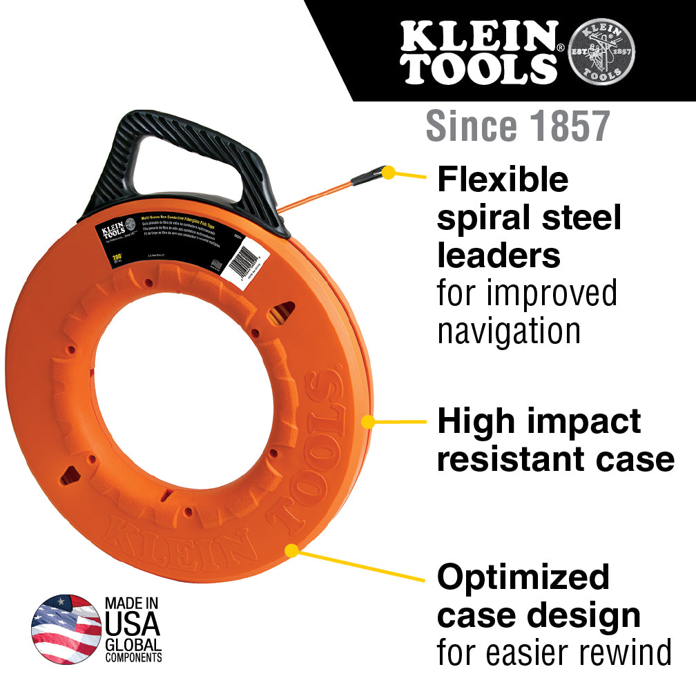 Klein Tools 56059 Multi-Groove Fiberglass Fish Tape with Non-Conductive Leader, 200-Foot