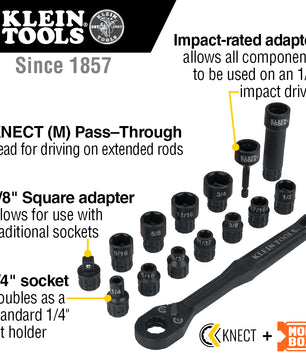 Klein Tools 65400 KNECT™ 3/8-Inch Drive Impact-Rated Pass Through Socket Set, 15-Piece - McCally Tool and Supply | Industrial Distributor & Repair