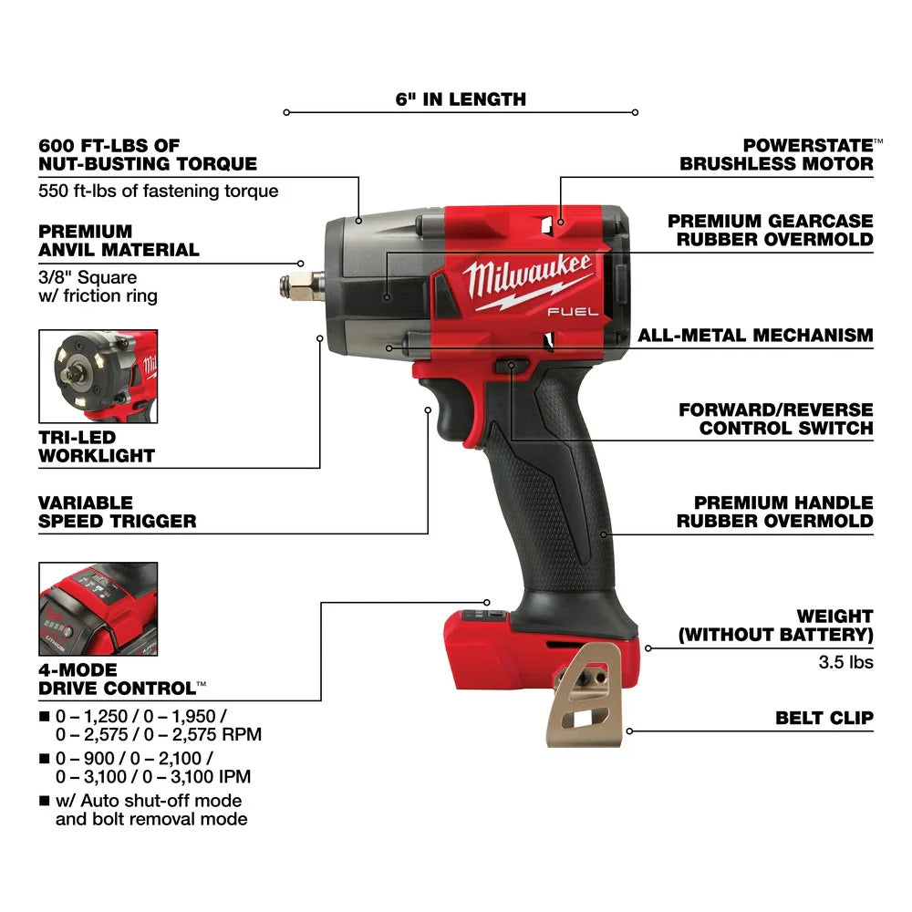 Milwaukee M18 FUEL 3 8 Mid Torque Impact Wrench w Friction Ring Bare Tool 2960 20