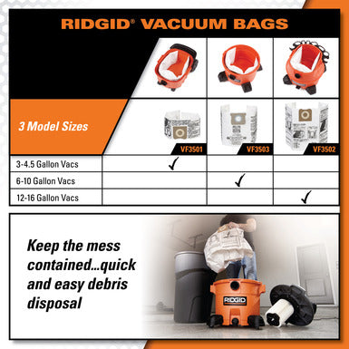 RIDGID 40153 VF3503 High-Efficiency 6-9 Gallon Vacuum Dust Bags - McCally Tool and Supply | Industrial Distributor & Repair