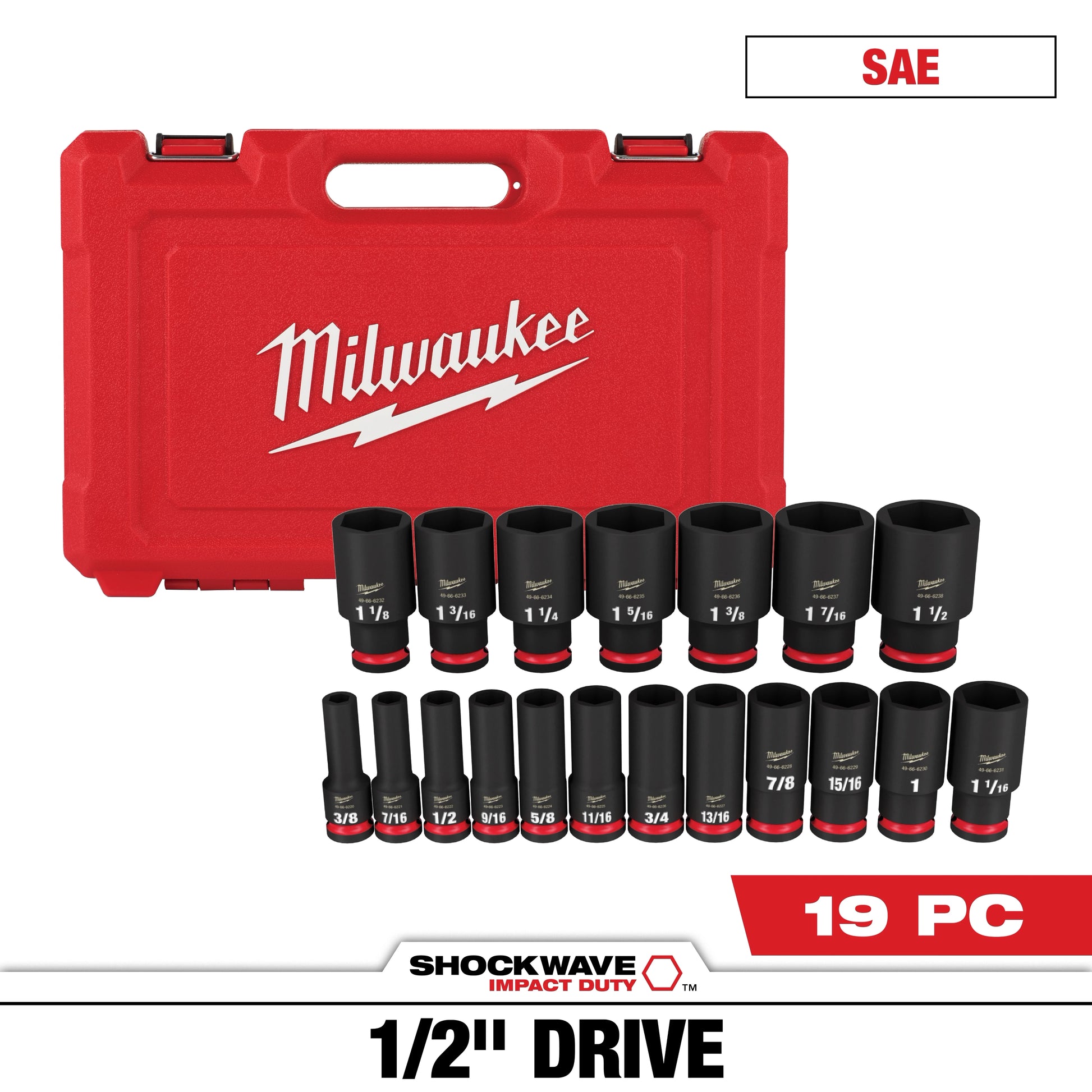 Milwaukee 49-66-7012 19PC SHOCKWAVE Impact Duty 1/2" Drive SAE Deep 6 Point Socket Set