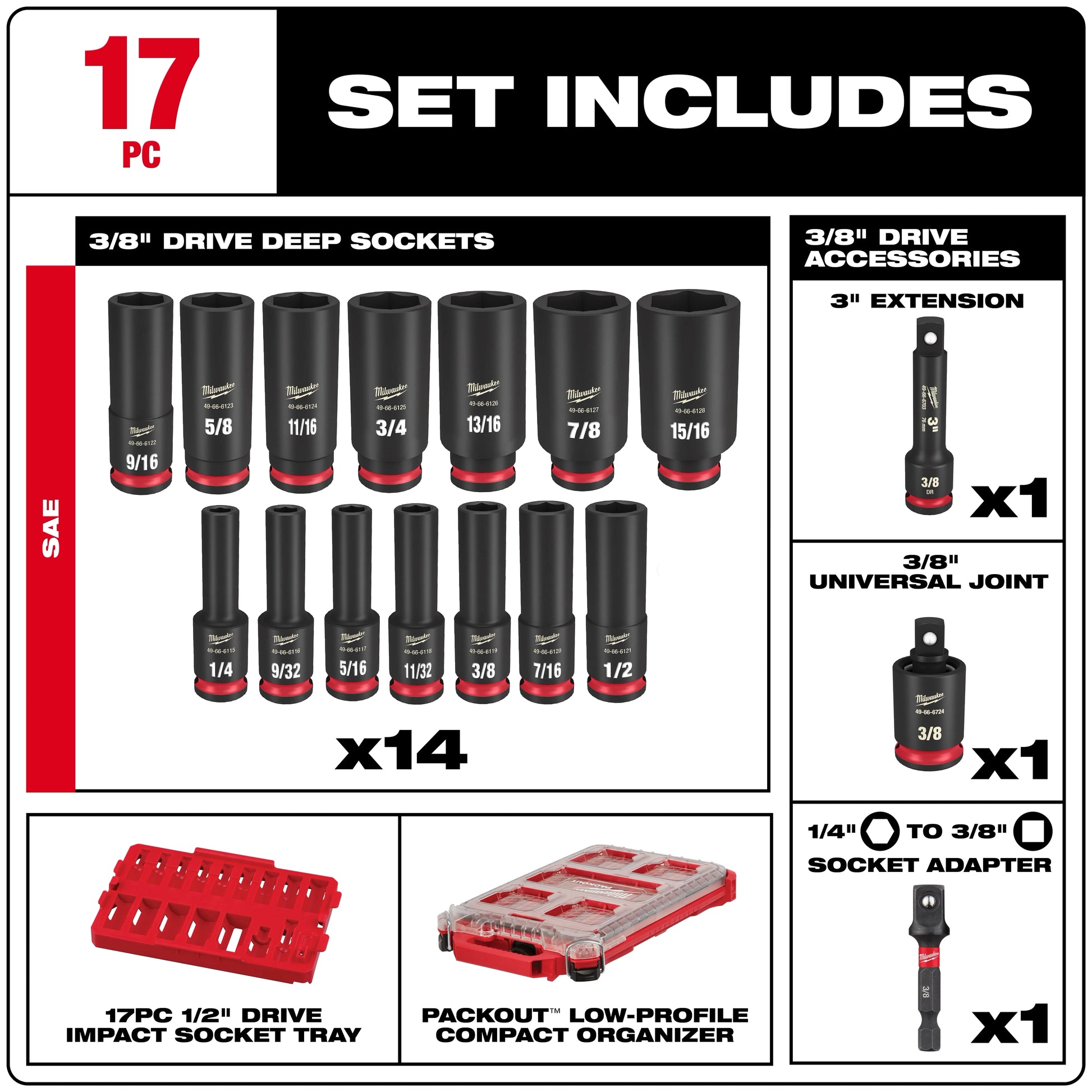 Milwaukee 49-66-6800 17PC SHOCKWAVE™ Impact Duty Socket 3/8” Drive SAE Set with PACKOUT