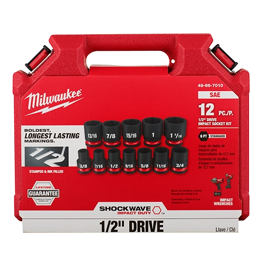 Milwaukee 49-66-7010 SHOCKWAVE Impact Duty™ 1/2" Drive SAE Standard 6 Point Socket Set (12 Piece)