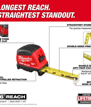 Milwaukee 48-22-1216 16ft Wide Blade Tape Measure - McCally Tool and Supply | Industrial Distributor & Repair
