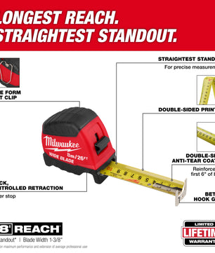 Milwaukee 48-22-1226 8m/26ft Wide Blade Tape Measure 18ft Reach - McCally Tool and Supply | Industrial Distributor & Repair