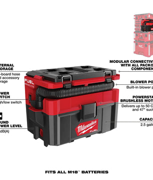 Milwaukee 0970-20 M18 FUEL™ PACKOUT™ 2.5 Gallon Wet/Dry Vacuum - McCally Tool and Supply | Industrial Distributor & Repair