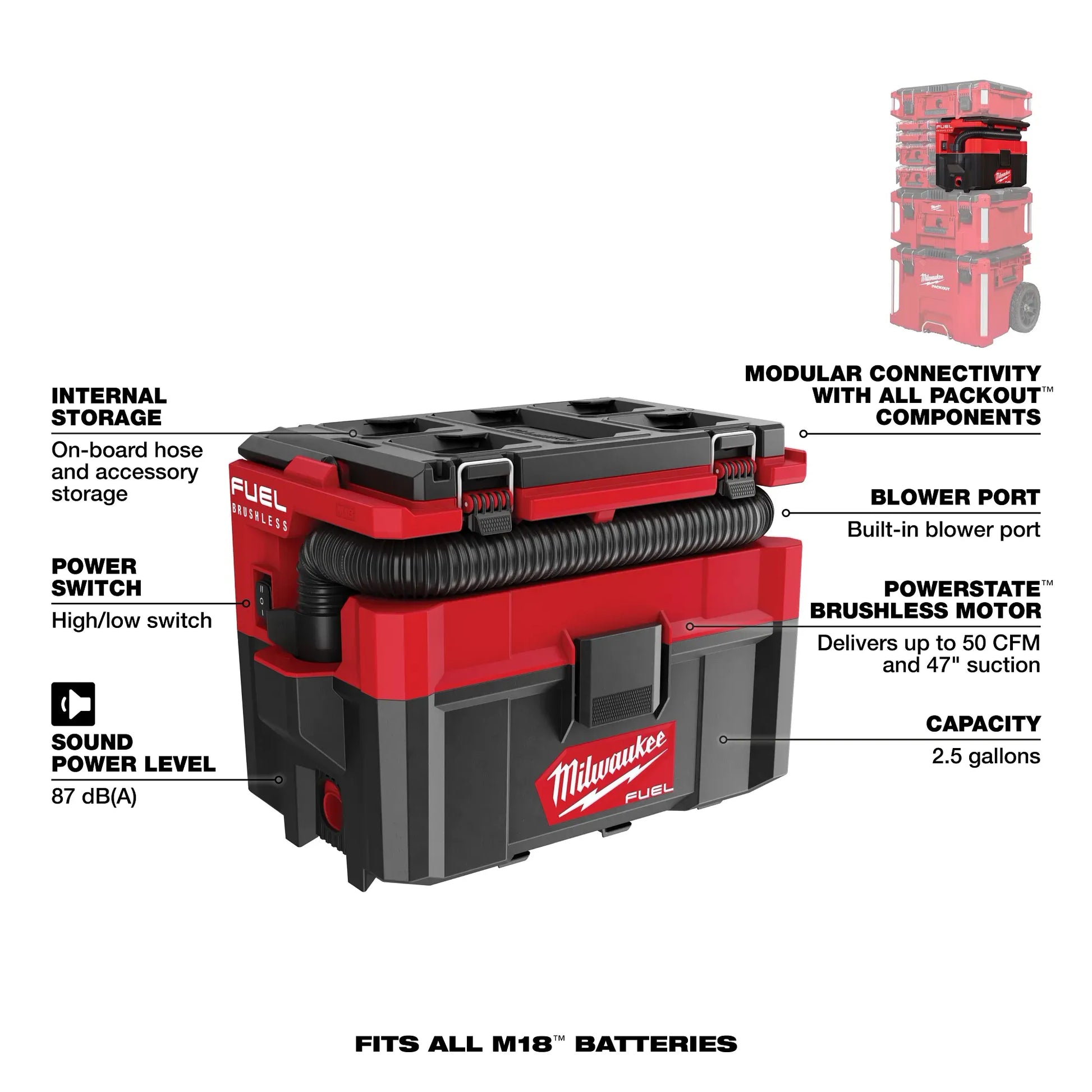 Milwaukee 0970-20 M18 FUEL™ PACKOUT™ 2.5 Gallon Wet/Dry Vacuum - McCally Tool and Supply | Industrial Distributor & Repair