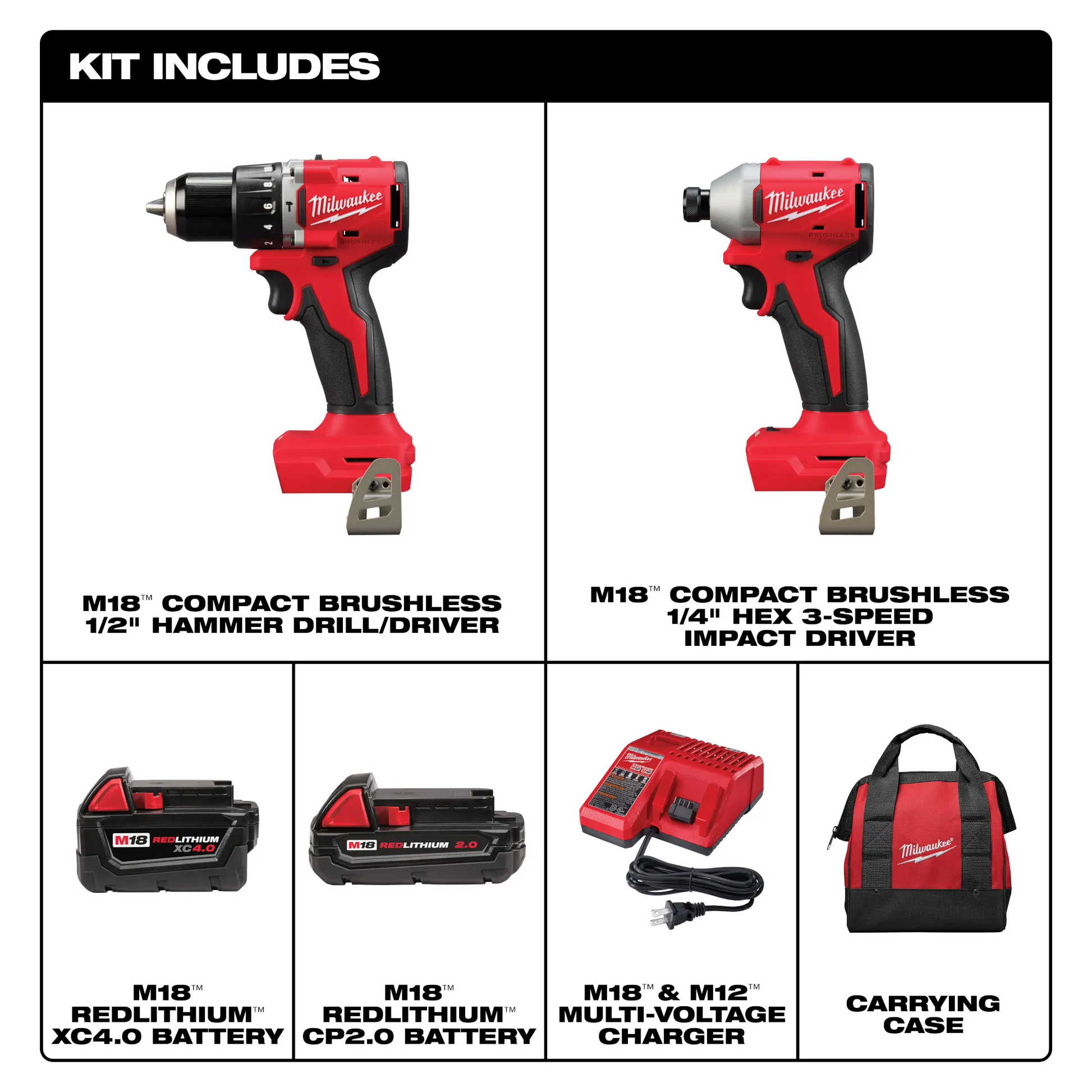 Milwaukee 3693-22CX M18™ Compact Brushless 2-Tool Combo Kit - McCally Tool and Supply | Industrial Distributor & Repair