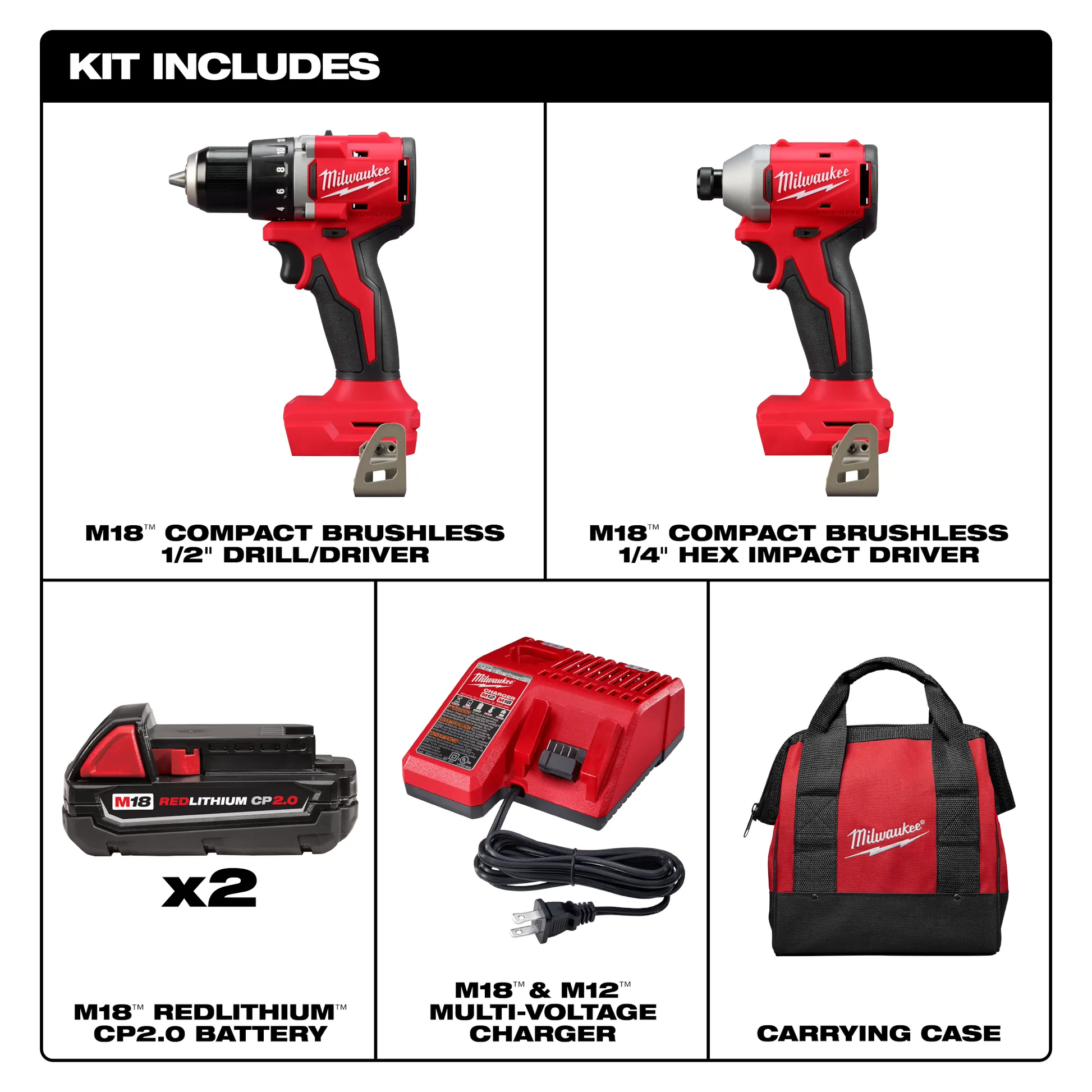 Milwaukee 3692-22CT M18™ Compact Brushless 2-Tool Combo Kit - McCally Tool and Supply | Industrial Distributor & Repair