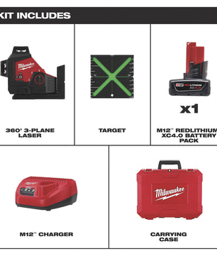 Milwaukee 3632-21 M12™ Green 360° 3-Plane Laser Kit - McCally Tool and Supply | Industrial Distributor & Repair
