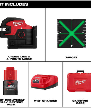Milwaukee 3624-21 M12™ Green Cross Line & 4-Points Laser Kit - McCally Tool and Supply | Industrial Distributor & Repair