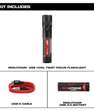 Milwaukee 2161-21 REDLITHIUM™ USB 1100L Twist Focus Flashlight (Rechargeable)
