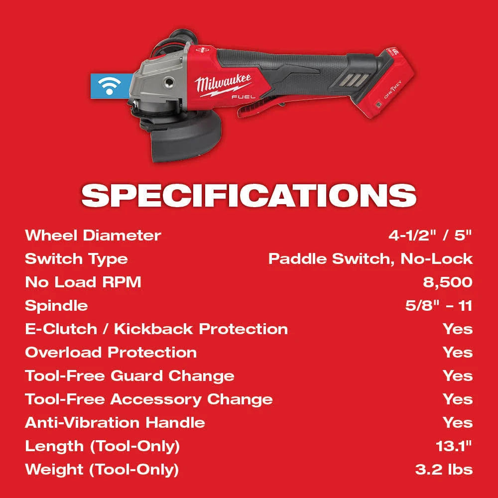 Milwaukee 2882-20 M18 FUEL™ 4-1/2" / 5" Braking Grinder w/ ONE-KEY™ Paddle Switch, No-Lock - McCally Tool and Supply | Industrial Distributor & Repair