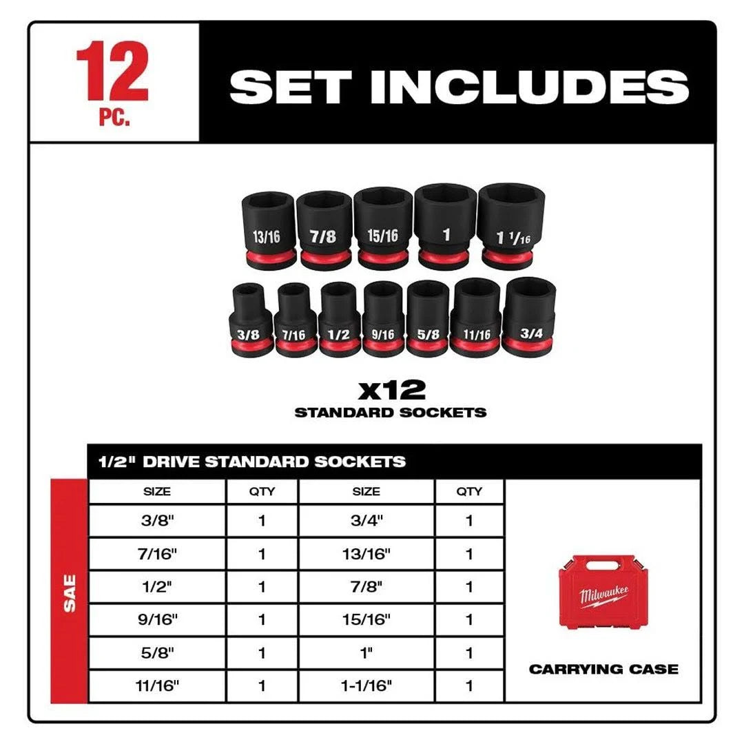 Milwaukee 49-66-7010 SHOCKWAVE Impact Duty™ 1/2" Drive SAE Standard 6 Point Socket Set (12 Piece)