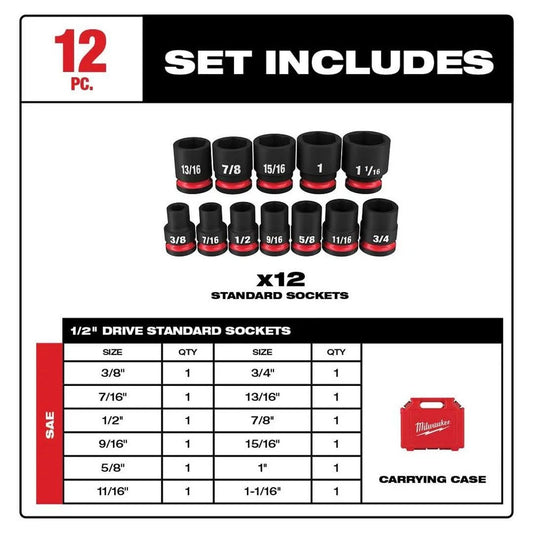 Milwaukee 49-66-7010 SHOCKWAVE Impact Duty™ 1/2" Drive SAE Standard 6 Point Socket Set (12 Piece)
