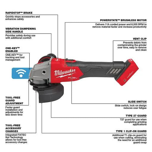 Milwaukee 2883-20 M18 FUEL™ 4-1/2" / 5" Braking Grinder w/ ONE-KEY™ Slide Switch, Lock-On - McCally Tool and Supply | Industrial Distributor & Repair